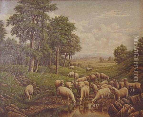 Landscape Of Sheep Beside A Stream Oil Painting - Levi Wells Prentice