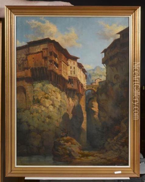 Italiensiches Schluchtstadtchen Mit Fischern Auf Felsen. Oil Painting - Joseph Vezien Desombrages