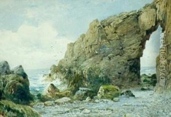 Seascape With A Large Rock Archway Oil Painting - Peter Petersen Toft