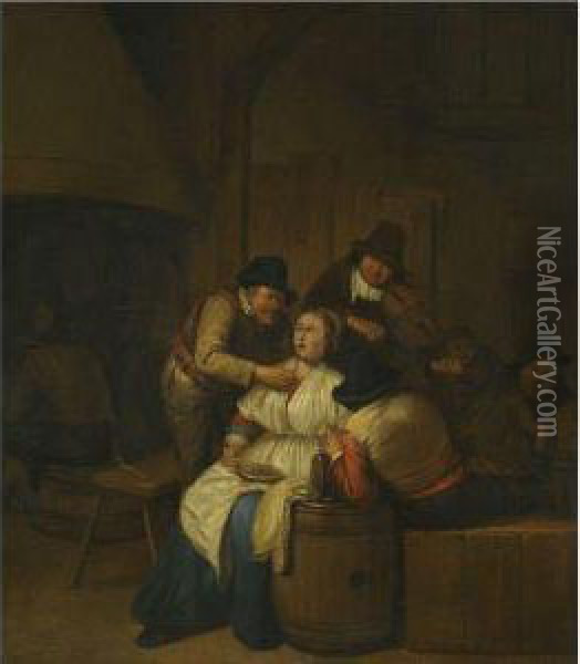 A Tavern Interior With Two 
Peasants Making Advances On A Maid,with Figures Making Music Beyond Oil Painting - Egbert Jaspersz. van, the Elder Heemskerck
