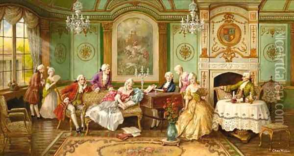 Elegant company relaxing in a drawing room Oil Painting - Charles Willis