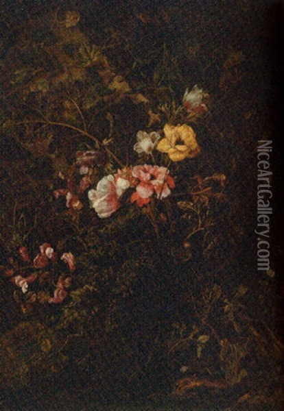 A Forest Floor Still Life, With Ivy And Flowers Oil Painting - Otto Marseus van Schrieck