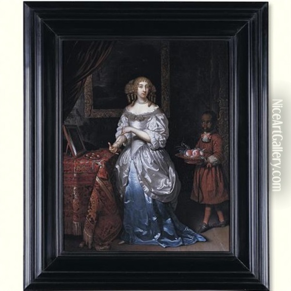 An Interior With A Young Lady In A Blue And White Satin Dress, Standing By A Dressing Table With A Page Carrying A Bowl Of Peaches Oil Painting - Reinier De La Haye
