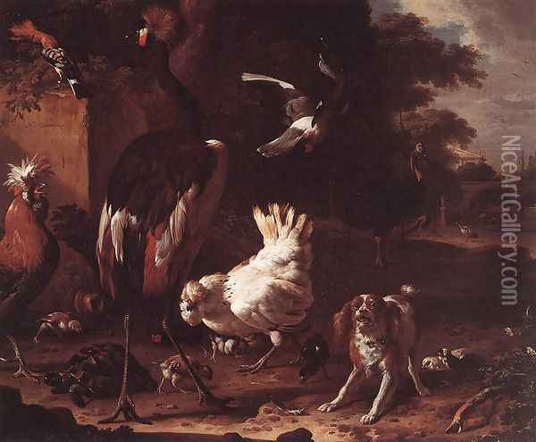 Birds and a Spaniel in a Garden Oil Painting - Melchior de Hondecoeter