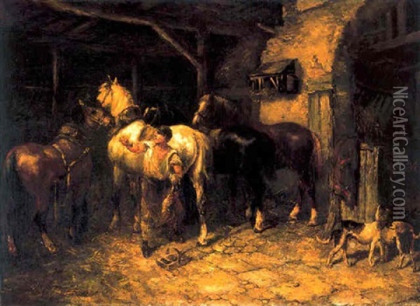 Het Verzorgen Van De Paarden In De Stal Oil Painting - Willem Carel Nakken