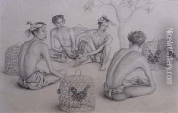 Four Young Balinese With Fighting Cocks Oil Painting - Walter Spies
