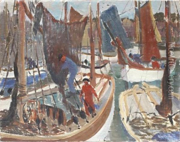 Drying Nets, Concarneau Oil Painting - Greville Irwin