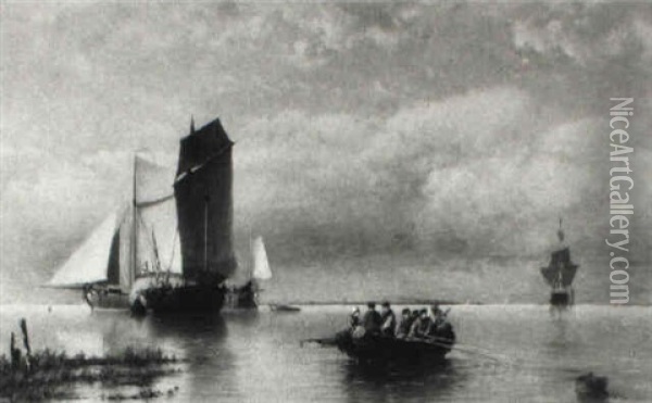 Shipping On An Estuary Oil Painting - Hermanus Koekkoek the Younger