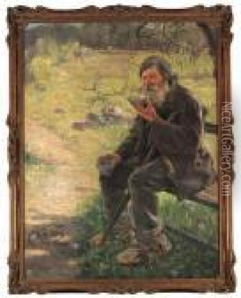 Portrait Of A Bearded Woodsman Drinking Tea Oil Painting - Ilya Efimovich Efimovich Repin
