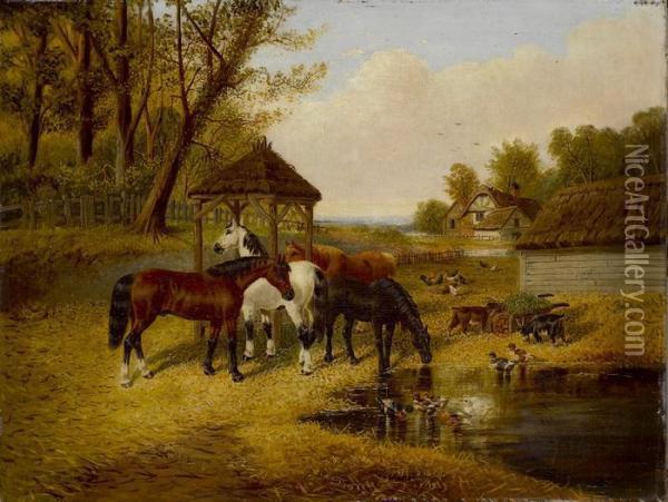 Pferde, Ziegen, Huhner Und Enten An Einem Teich Vor Einem Bauernhaus Oil Painting - John Frederick Herring Snr
