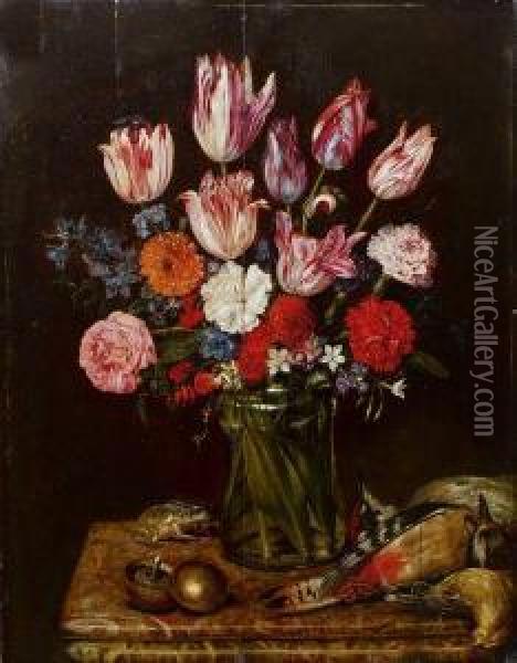 Bouquet De Fleurs Sur Un Entablement Oil Painting - A Van Rooy