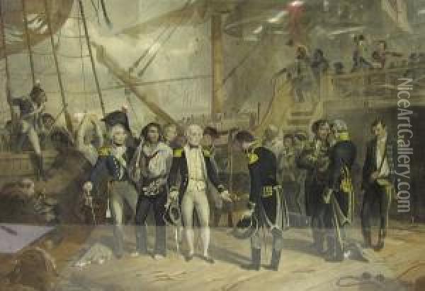 Nelson On Board The San Josef 
Receiving The Sword Of The Spanish Admiral At The Battle Of St Vincent 
Febry. 14th 1797. Oil Painting - Thomas Jones Barker