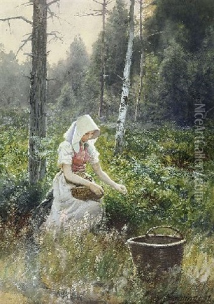 Blumenpfluckerin Oil Painting - Friedrich Wilhelm Schwinge