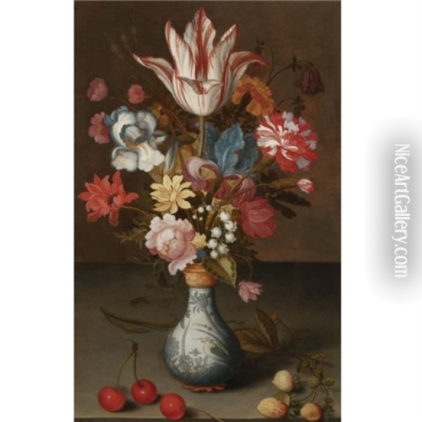 Still Life Of A Semper Augustus Tulip, Irises, A Carnation And Other Flowers In A Wan-li Vase, Resting On A Table With Cherries And Berries Oil Painting - Balthasar Van Der Ast
