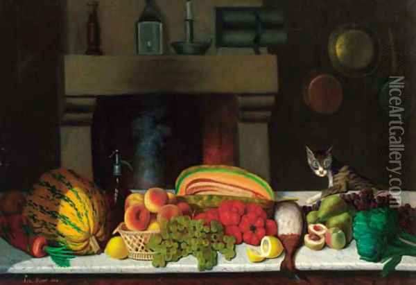 A selection of fruit and vegetables on a marble ledge in a kitchen, a cat alongside Oil Painting - Achille Ernest Mouret