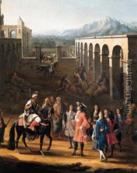 The Reception Of Franois Pidou De Saint Olon, Ambassador Of Kinglouis Xiv Of France, By Sultan Moulay Ismael Of Morocco On 19 June1693 Oil Painting - Pierre Denis Martin Des Gobelins