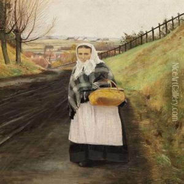 An Old Woman With A Basketon A Road, In The Background The Red Roofs Of The Village Oil Painting - L.A. Ring