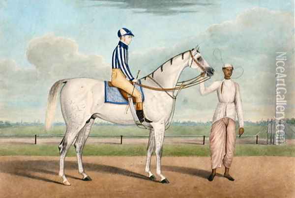 Racehorse with jockey up and groom, Calcutta Oil Painting - of Karraya Shaik Muhammad Amir