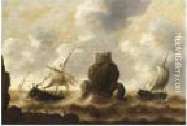 Stormy Seas With A Shipwreck And Fishermen In The Foreground Oil Painting - Jacob Adriaensz. Bellevois