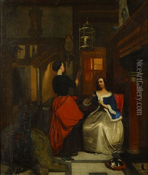 Twee Jonge Dames In Een Interieur Oil Painting - Hubertus van Hove