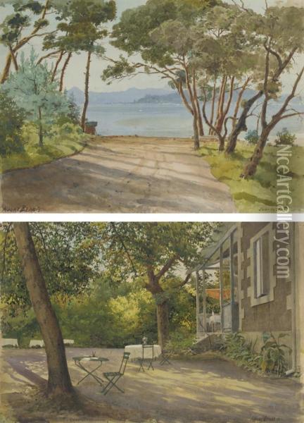 Juan Les Pins, Cotes D'azur; And A Garden With Tables Oil Painting - Albert Benois