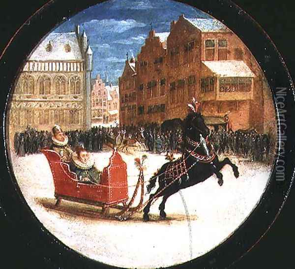 Winter landscape with figures in a horsedrawn sleigh Oil Painting - Hendrick van, the Younger Steenwyck