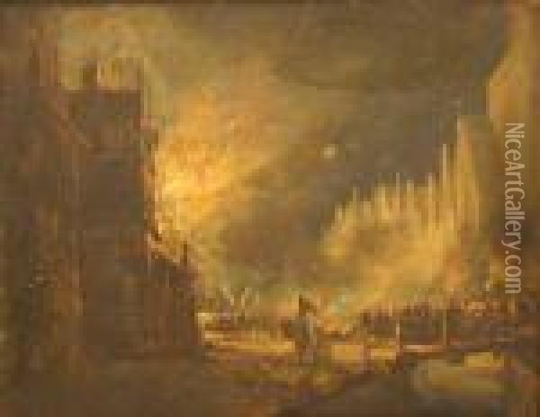 A House In Thecity Ablaze At Night Oil Painting - Egbert van der Poel