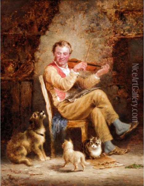 A Fiddler And His Audience Oil Painting - George Hepper
