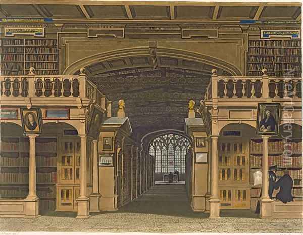 Interior of the Bodleian Library, illustration from the History of Oxford, engraved by Joseph Constantine Stadler fl.1780-1812 pub. by R. Ackermann, 1813 Oil Painting - Augustus Charles Pugin