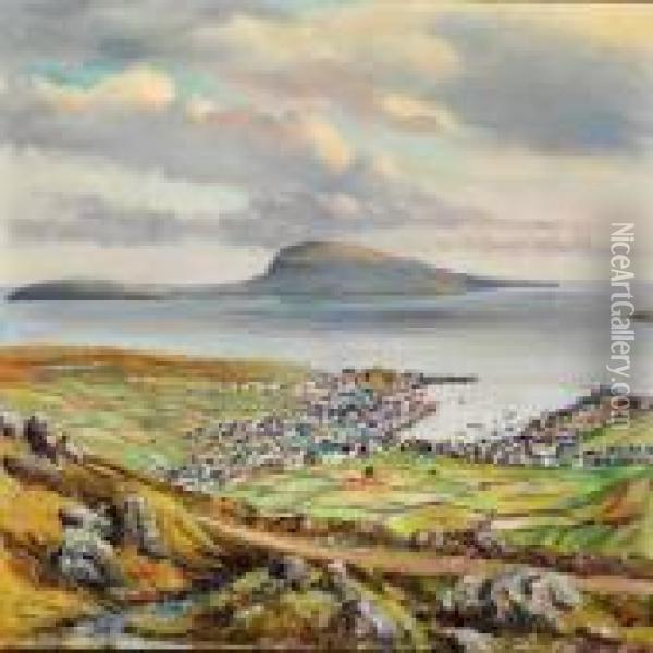 View Over Torshavn Towards Nolsoy, The Faroe Islands Oil Painting - Joen Waagstein