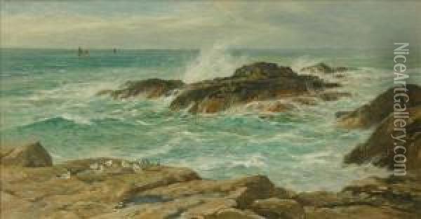 Coastalscene, Waves Crashing Over Rocks Oil Painting - Herbert William Hicks