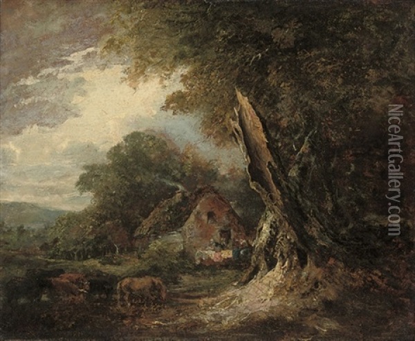 A Wooded Landscape At Nool Bog With Cattle Grazing By A Cottage Oil Painting - Sir William Beechey