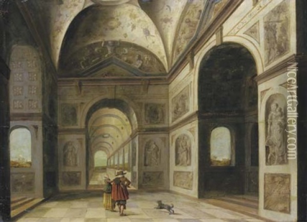 An Elegant Couple Conversing In A Loggia Decorated With Grotesques Oil Painting - Dirck Van Delen