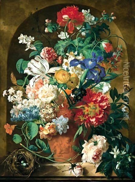 A Still Life Of Flowers In A Terracotta Vase Upon A Marble Ledge Before A Niche Oil Painting - Jan Van Huysum