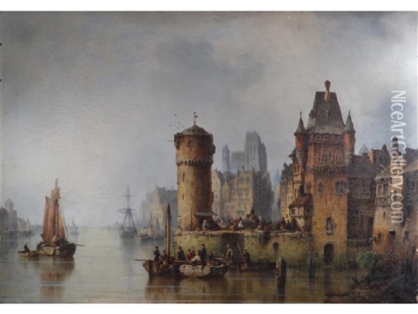 A View Of A Dutch Harbour, Based On Dordrecht Oil Painting - Ludwig Hermann