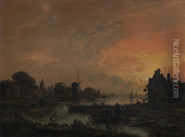An Evening Landscape With Fishermen In The Foreground Oil Painting - Aert van der Neer