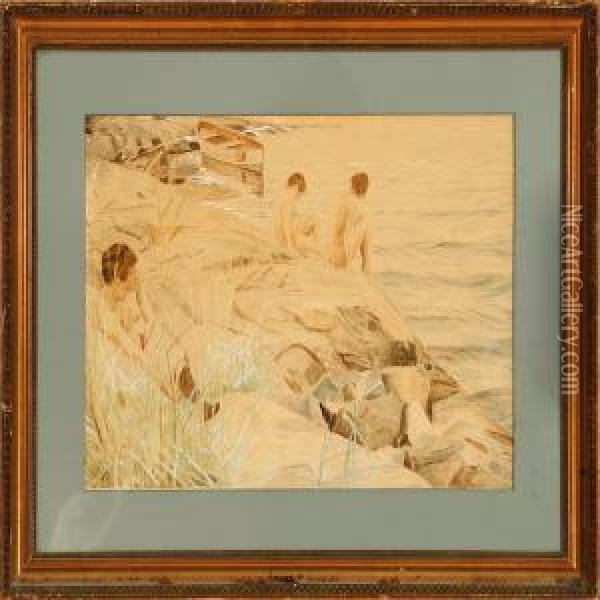 Three Naked Women On A Rock, Bornholm Island Oil Painting - Axel Soeborg
