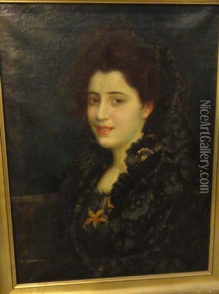 Portrait De Femme A La Mantille Noire Oil Painting - Eugene Chaffanel