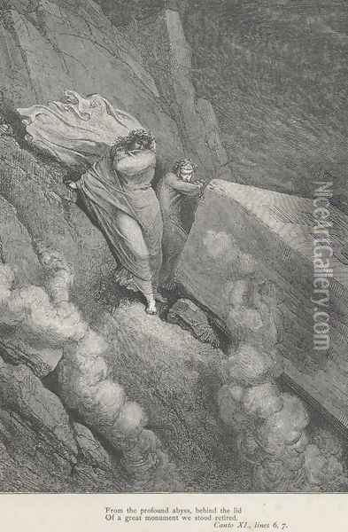 behind the lid Of a great monument we stood retired. (Canto XI., lines 6-7) Oil Painting - Gustave Dore