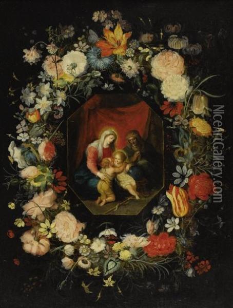 The Virgin And Child With Saint 
Anne And The Infant John The Baptist, Surrounded By A Garland Of Flowers Oil Painting - Frans II Francken