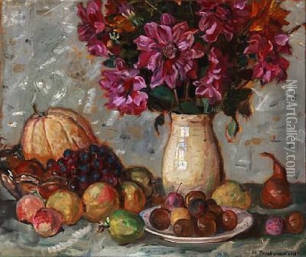 Still Life With Fruit And Flowers Oil Painting - Matthias M. Peschcke-Koedt