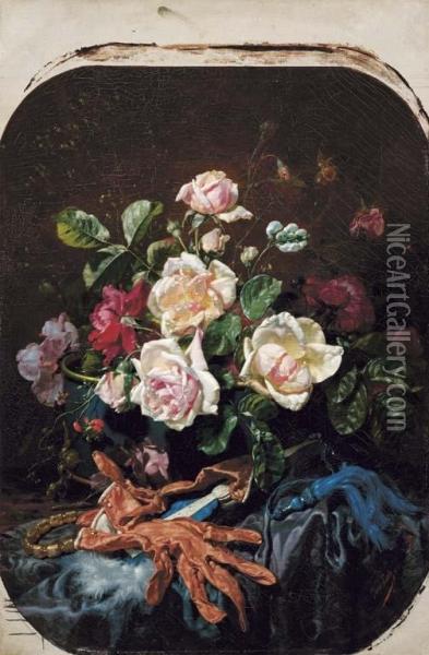 Vaso di Rose Con Guanti E Ventaglio Oil Painting - Jules Marie Lavee