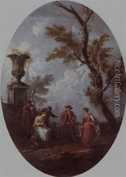 A Couple Dancing To The Music Of A Bagpipe Player In A Classical Landscape Oil Painting - Pietro Domenico Oliviero