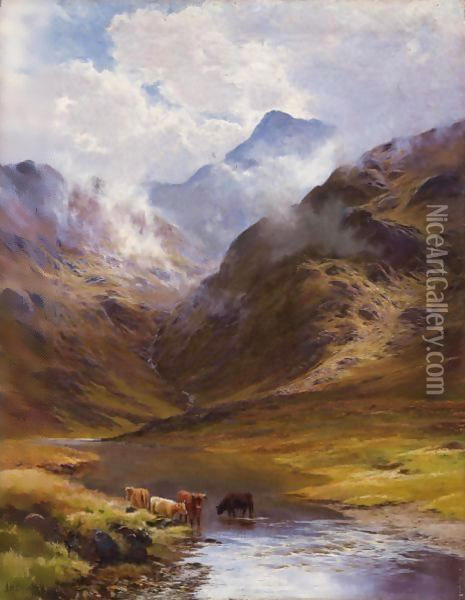 Mountain Landscape With Cows, 1888 Oil Painting - James Henry Crossland
