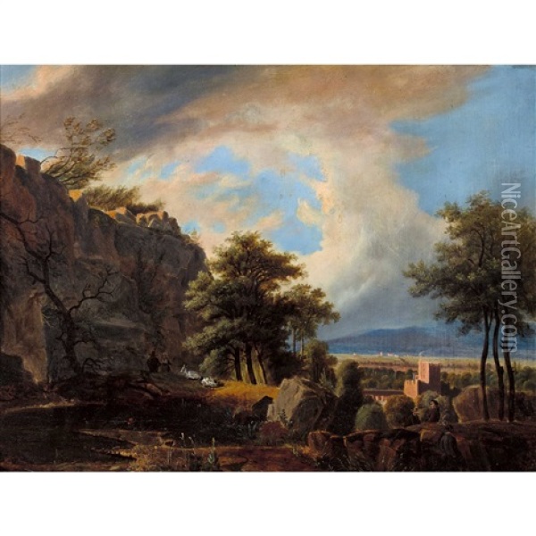 Paysage Avec Etang Devant Une Falaise Et Chateau Dans Le Fond Oil Painting - Wolfgang Adam Toepffer