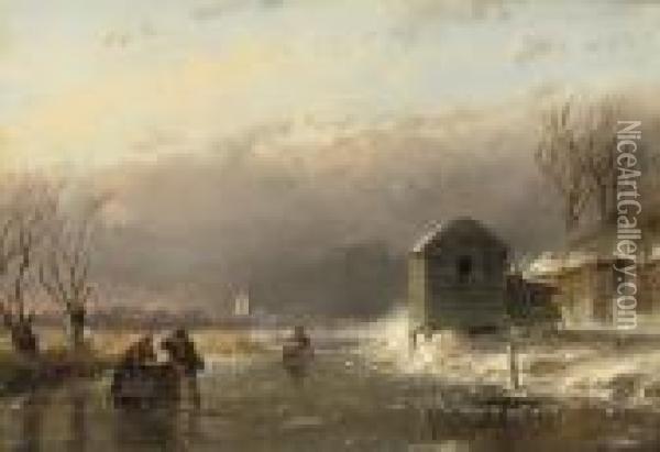 Wood Gatherers On A Frozen Waterway Oil Painting - Andreas Schelfhout