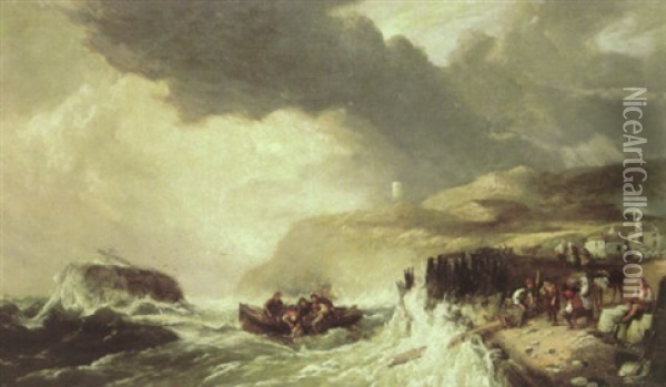 A Coastal View With A Shipwreck Offshore And A Rescue Boat And Figures On The Shore In The Foreground Oil Painting - John Cuthbert Salmon