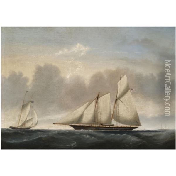 A Naval Schooner In Two Positions Oil Painting - Reuben Chappell