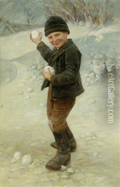 Junge Im Winter Beim Schneeballschiessen Oil Painting - Geza Peske