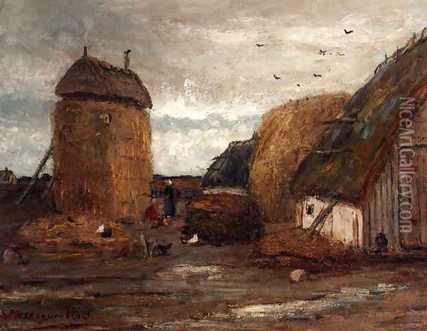 A Farmyard With Peasantwomen Feeding Chickens Oil Painting - Sientje Mesdag Van Houten